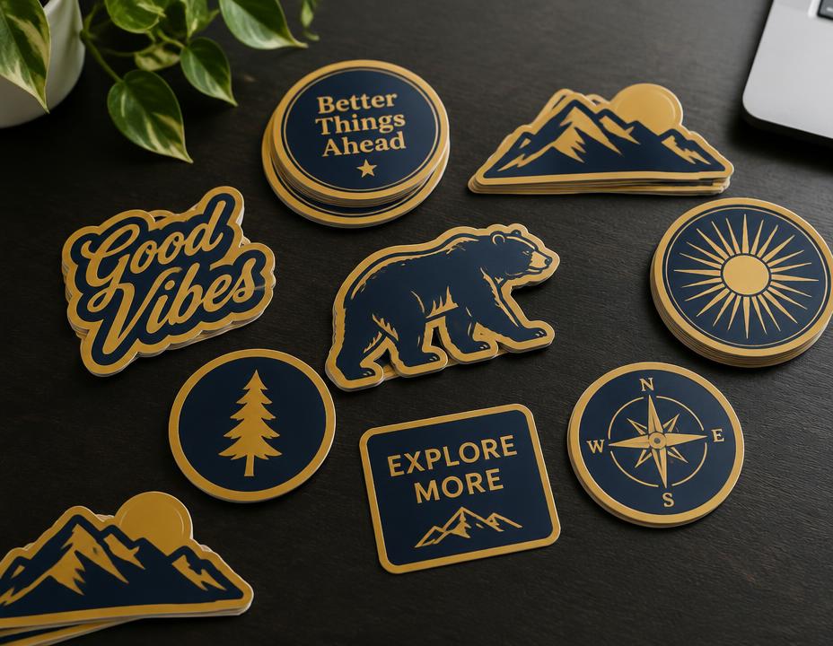 Die cut vinyl stickers in gold and navy
