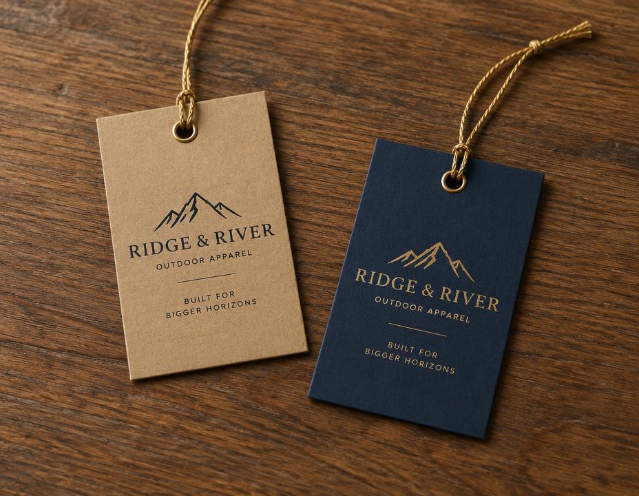 Printed product hang tags with gold string